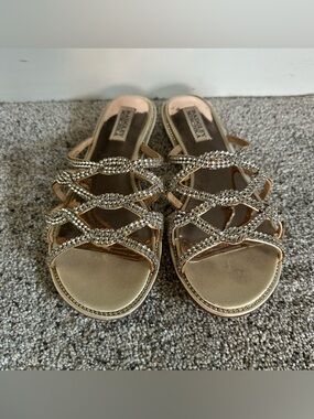 Badgley Mischka Crystal Embellished Slide Sandals Gold Size 8.5 Wedding Formal